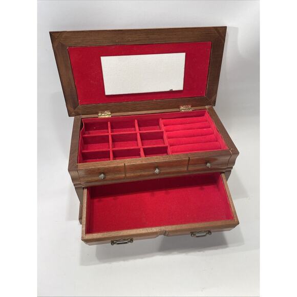 Vintage Two Drawer Oak Wood Jewelry Box with Brocade Fabric Top Beautiful - Picture 5 of 11
